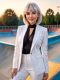 A stunning silver haired woman with large breasts wears a white suit at dawn