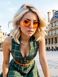 A petite platinum blonde in a green sundress strolls through the Louvre at dusk