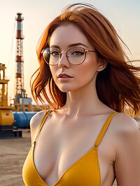 A dark haired woman with squinty eyes and glasses in a yellow bodysuit works at sunset near an oil rig